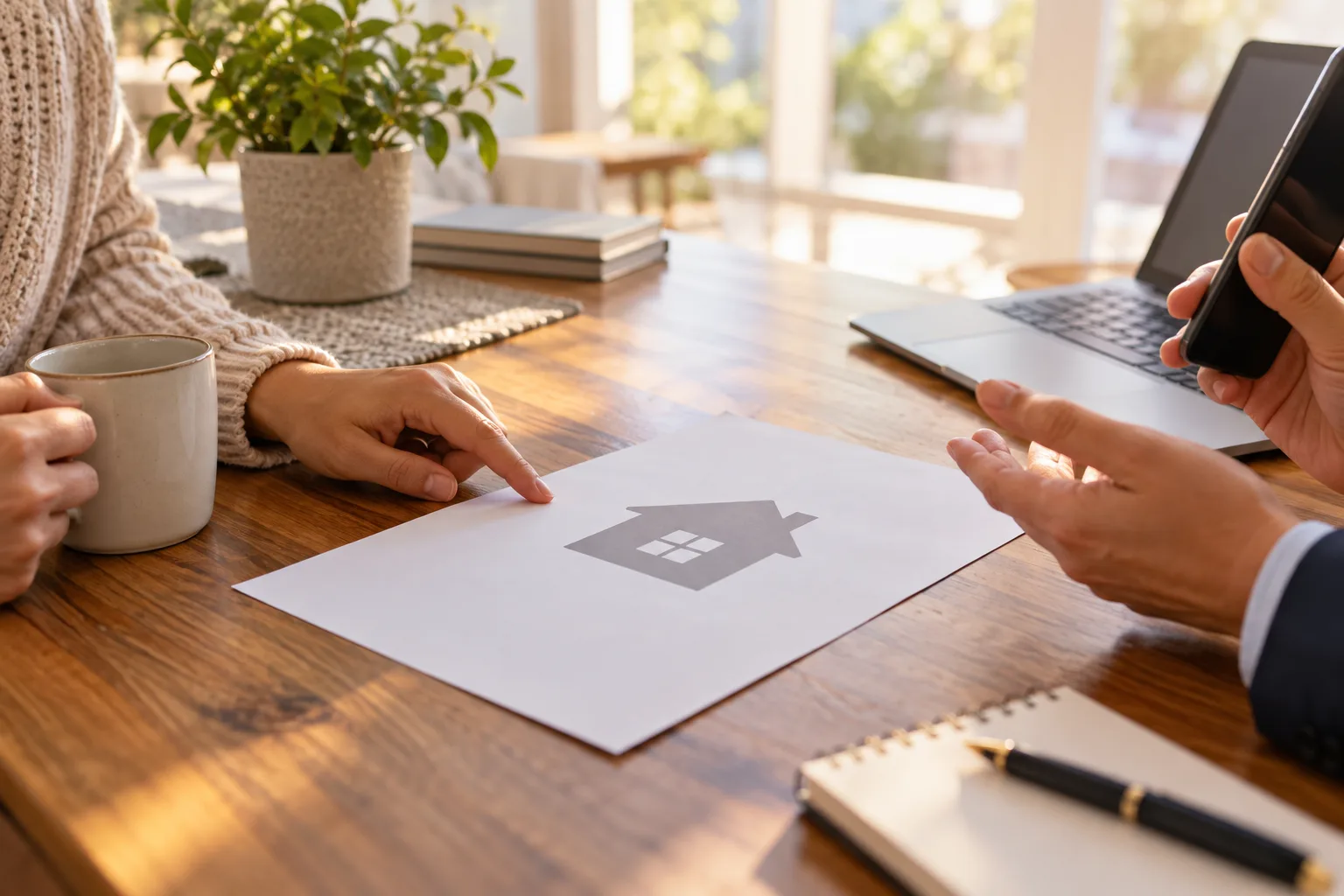 A buyer discussing home insurance questions by phone at a table with property notes.