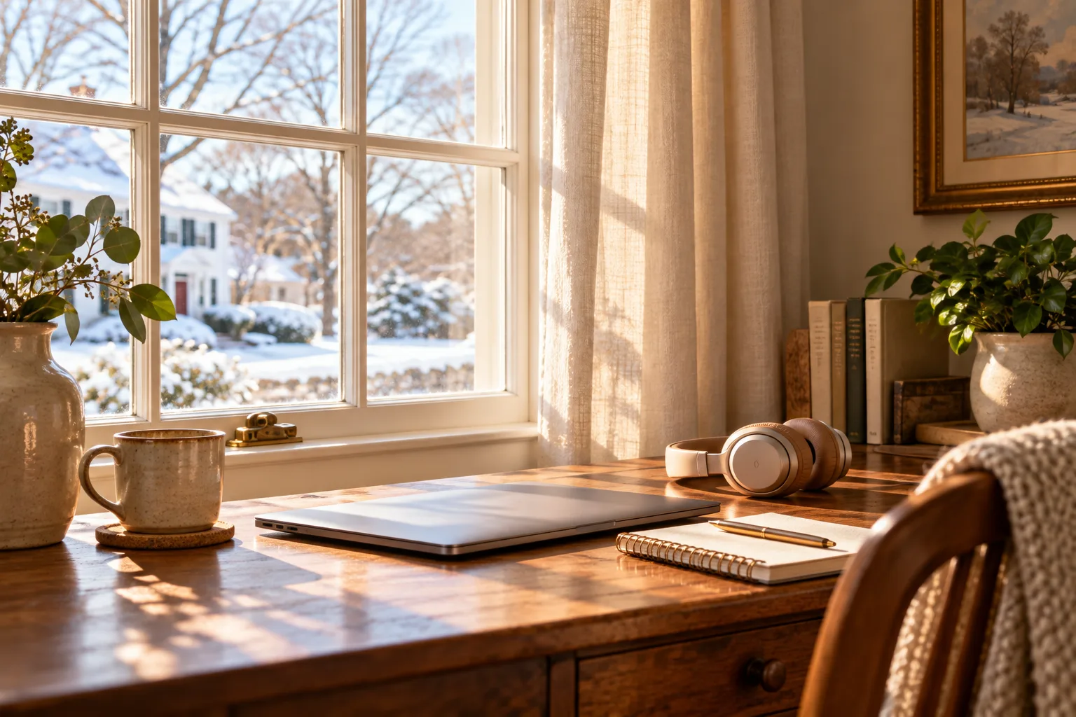 A calm home office with headphones, a closed laptop, and natural window light.