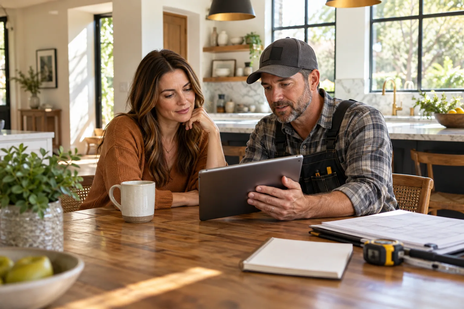 A homeowner reviews a contractor estimate on a tablet at the table.