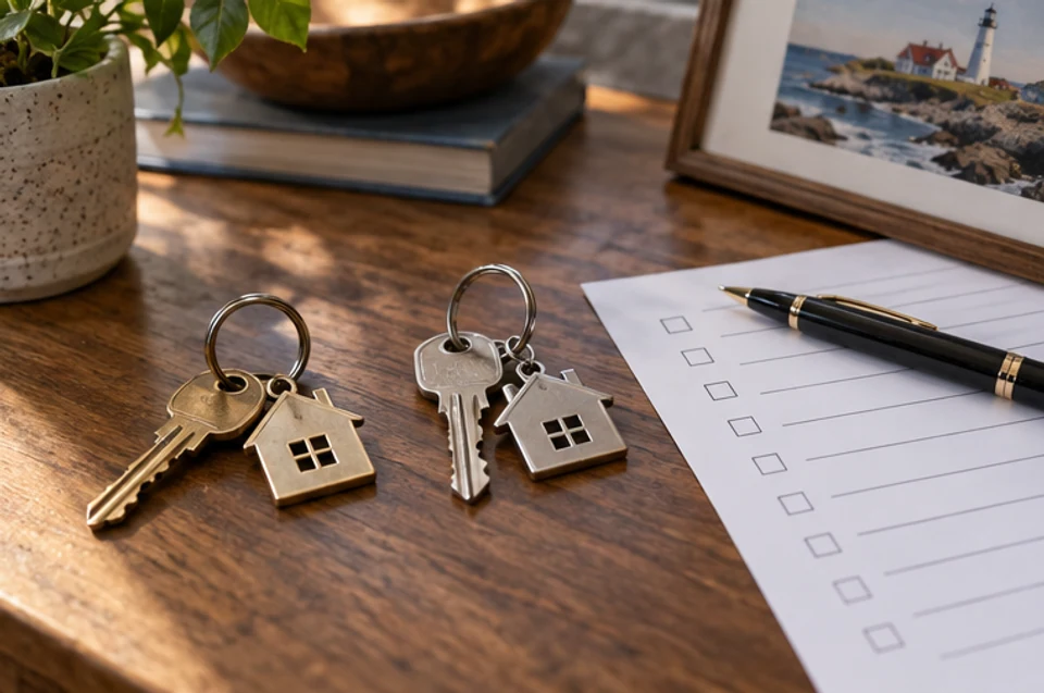 Two sets of house keys beside a written planning checklist for a move between homes.