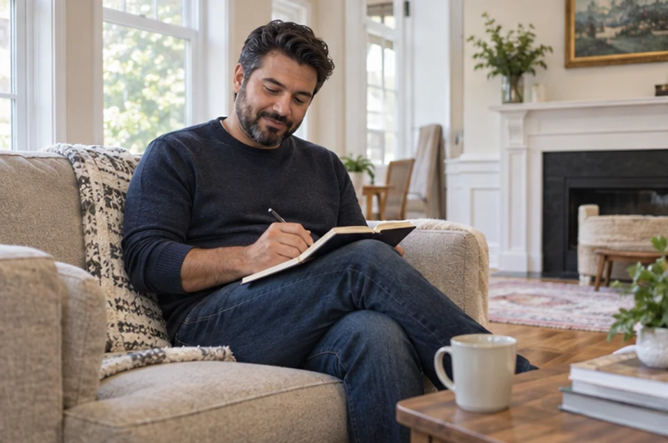 A buyer writing first impressions after walking through a bright New England home.