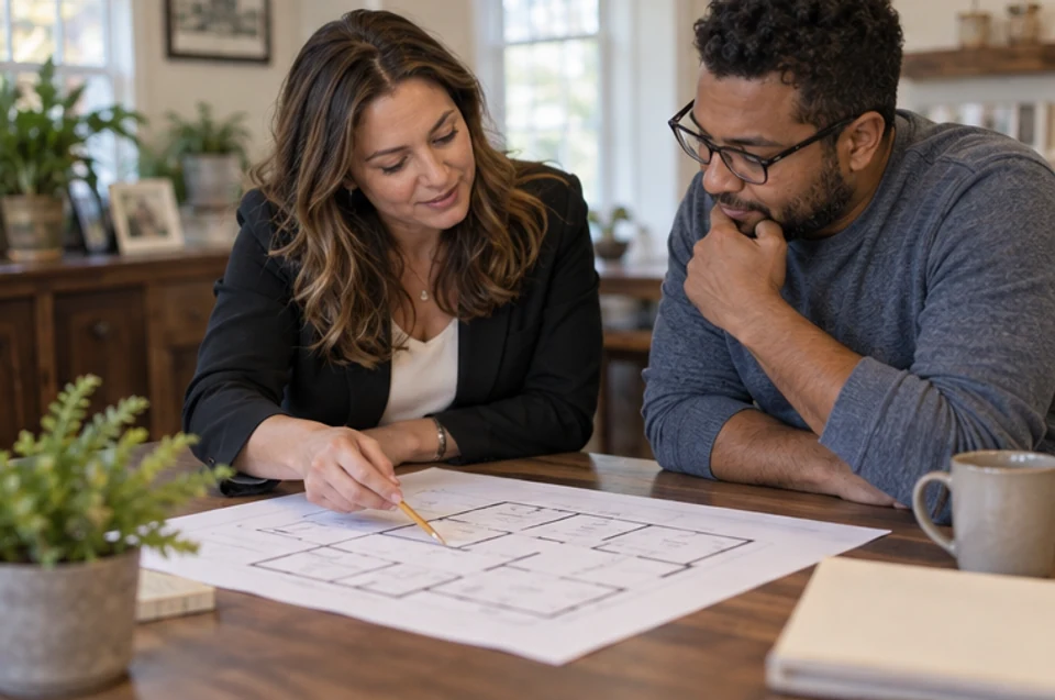 A buyer and agent looking over a home's floor plan and notes after a property tour.