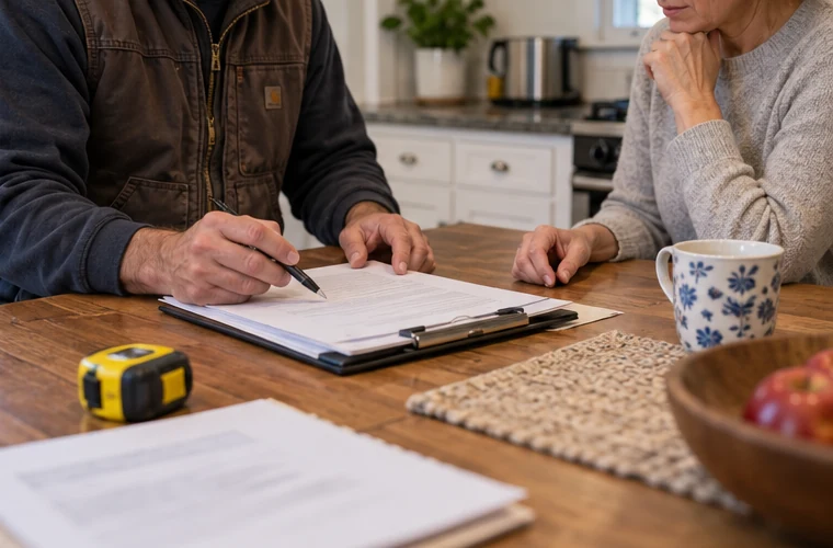 A homeowner and contractor reviewing a repair scope and unmarked estimate at a kitchen table.