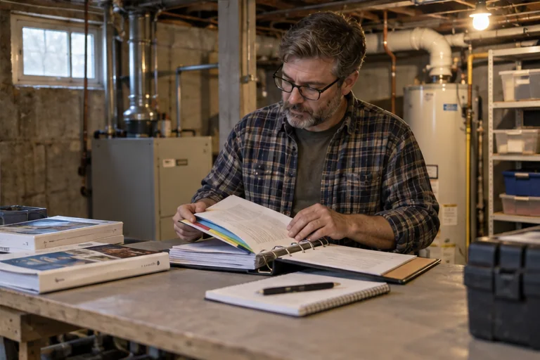 A homeowner reviewing household equipment manuals and maintenance records in a basement workspace.