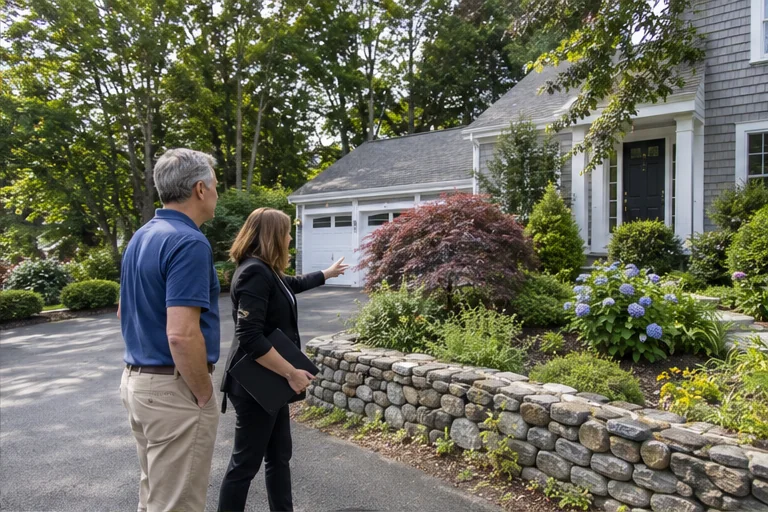 A Hopkinton homebuyer and agent viewing an entry and outdoor area from a clear path.