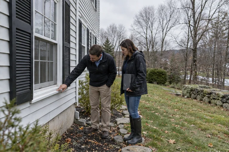 A buyer and agent noting exterior window and drainage questions during a Hopkinton home visit.