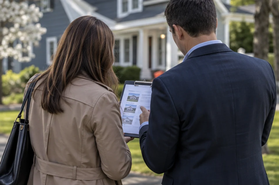 Two homebuyers reviewing a tour plan outside a New England home in the MetroWest area.