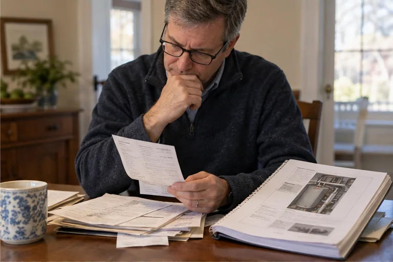 A homeowner reviewing repair receipts and system documents before speaking with a Hopkinton listing agent.