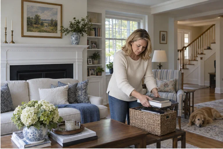 A Hopkinton homeowner tidying a lived-in living room ahead of a listing consultation.