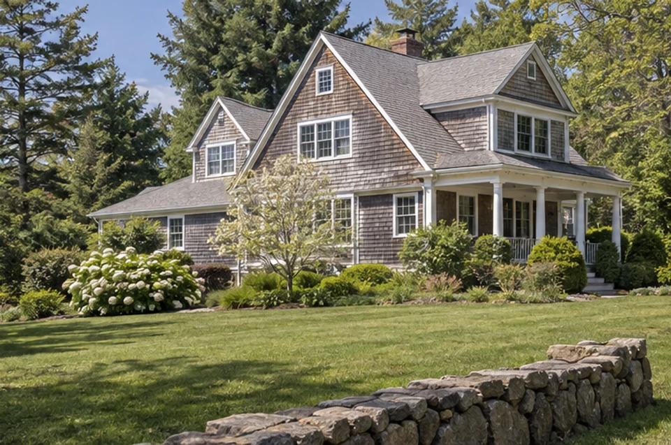 A shingle-style New England home and landscaped yard, shown as an illustrative Hopkinton-area property setting.