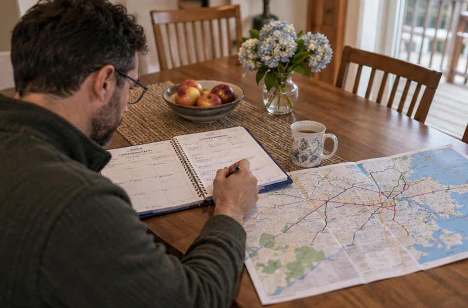 A professional mapping office-day routes and a weekly schedule at a dining table.