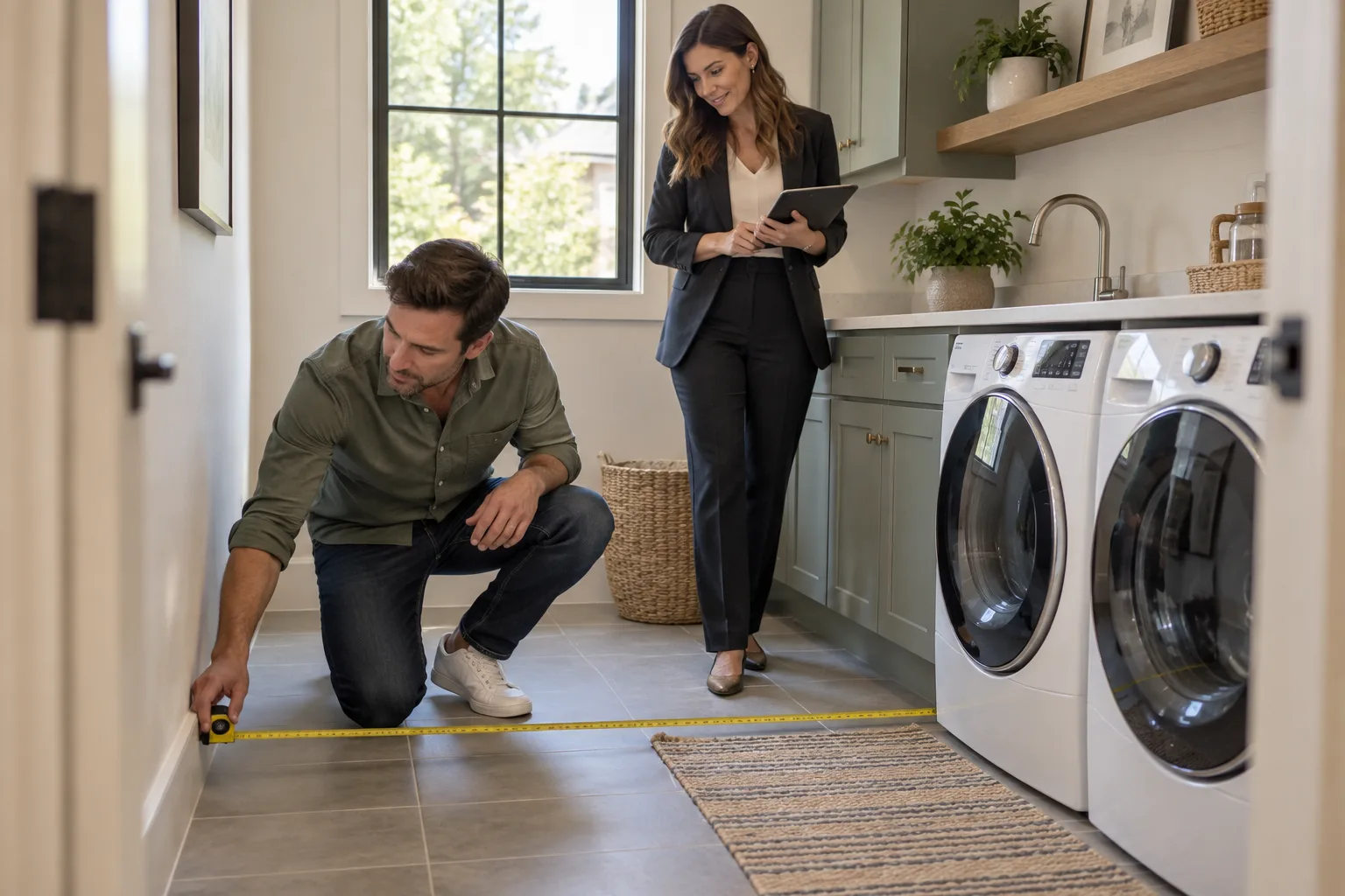 A buyer checks the size and layout of a home's laundry room.