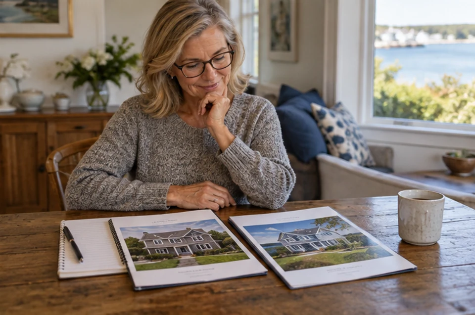 A homeowner and real-estate professional discussing a property-specific plan before a possible listing.