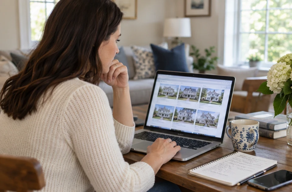 A home buyer reviewing a property search on a laptop and organizing notes at home.