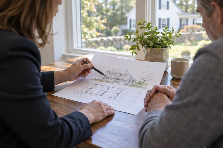 A local agent and buyer reviewing a home plan together at a table.