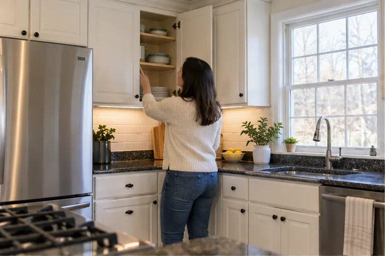 A buyer checking kitchen storage and room layout during a Marlborough home tour.