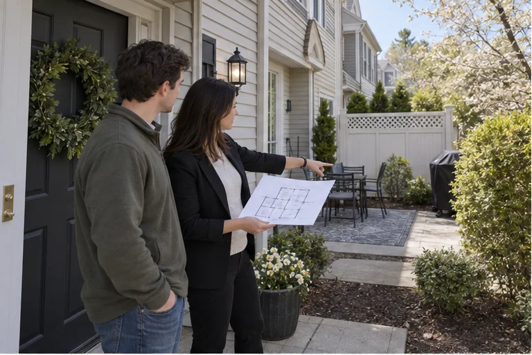 A buyer and agent discussing the floor plan and outdoor space at a Marlborough-area condominium or townhome.