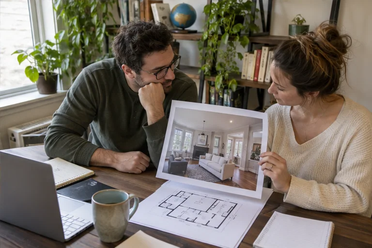 Buyers comparing a condominium interior photo and a Framingham-area townhouse plan.