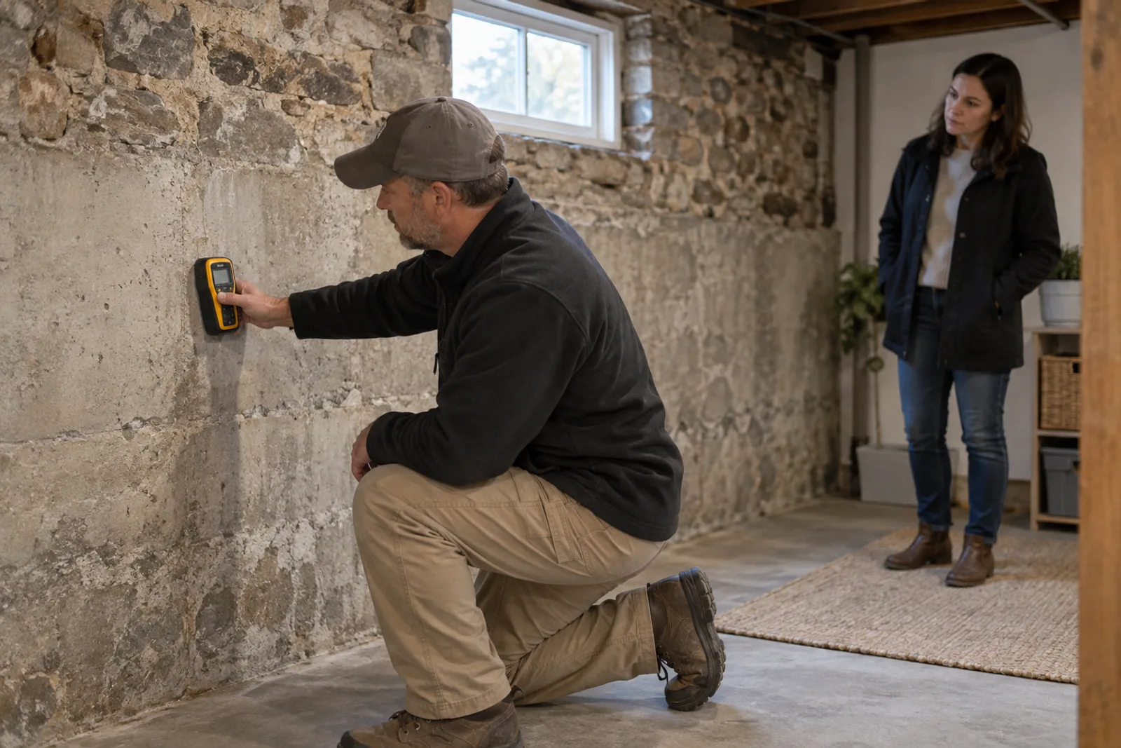 An inspector using a moisture meter on a Massachusetts basement foundation while a buyer observes.
