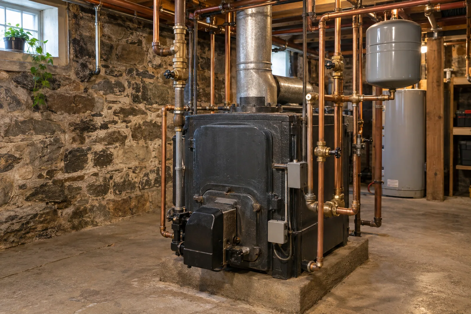 A heating system in the basement of an older New England home.
