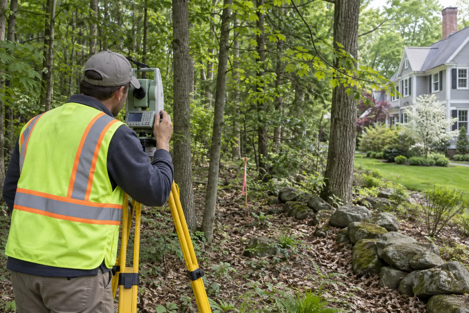 A land surveyor reviewing a wooded residential lot edge in MetroWest.