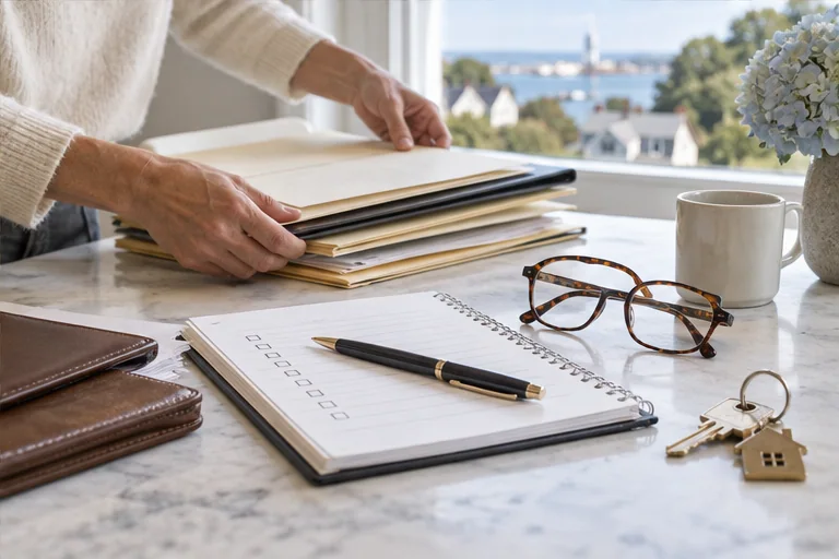 A homebuyer arranging folders and keys while preparing questions for a Massachusetts closing team.