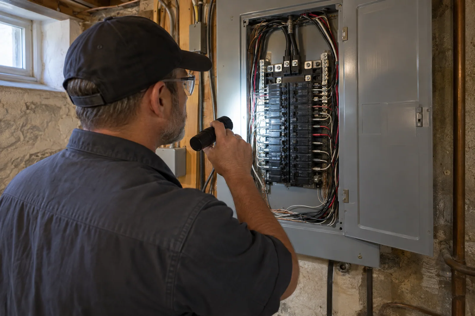 A buyer listening while an inspector explains an electrical panel in a home.