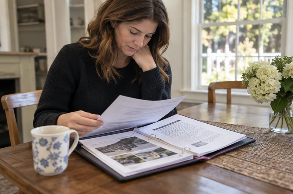 A new Massachusetts buyer reviewing home records and a property folder at a dining table.