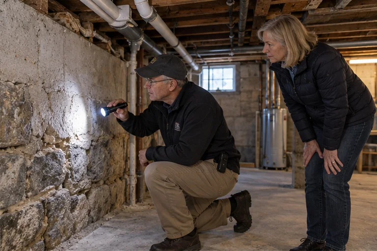 A home inspector examining a stone foundation in a Massachusetts basement with the buyer observing.