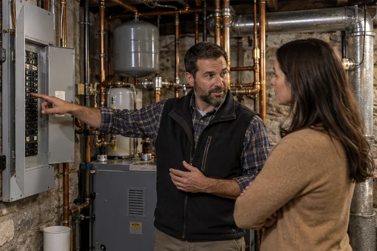 A homebuyer discussing heating equipment with a qualified professional in a residential basement.