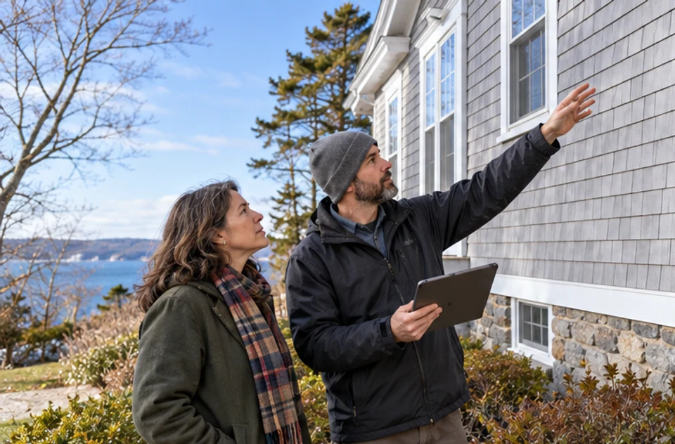 A homeowner and energy professional reviewing the exterior and systems of a Massachusetts home.