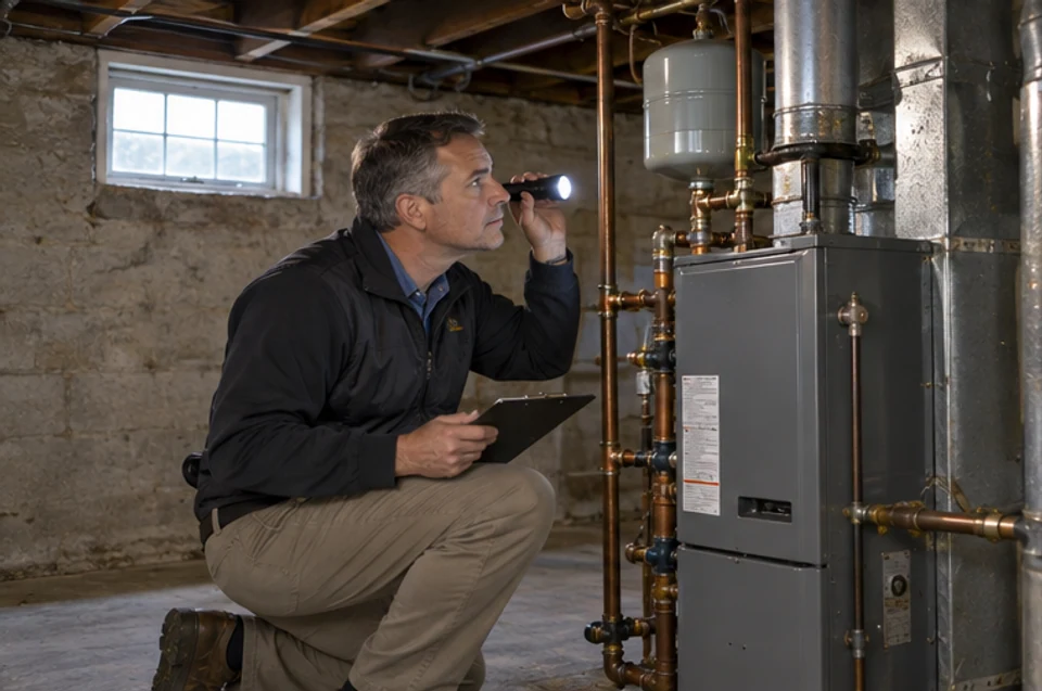 A home inspector documenting a basement system during a professional property review.