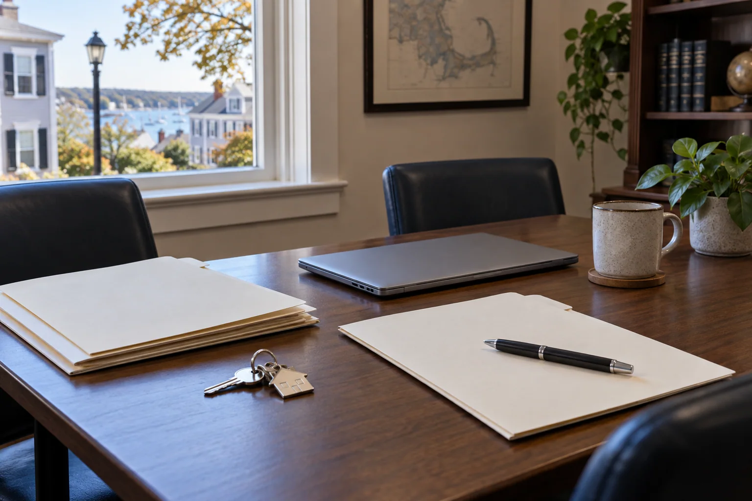 Blank folders, a pen, and house keys on a meeting table in a Massachusetts real-estate office.