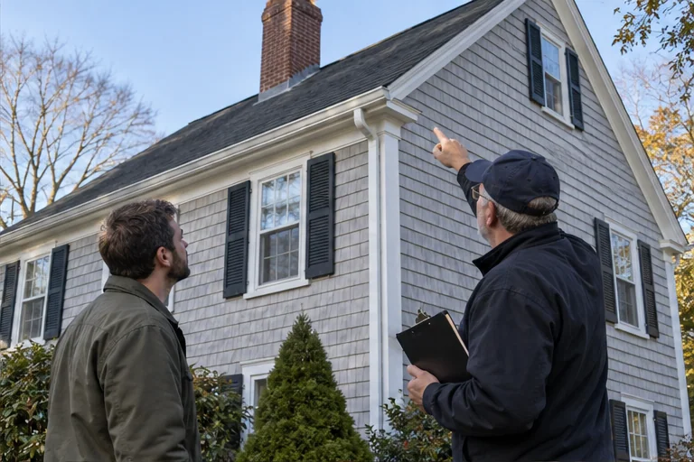 A licensed home inspector discussing visible exterior questions with a buyer in front of a New England home.