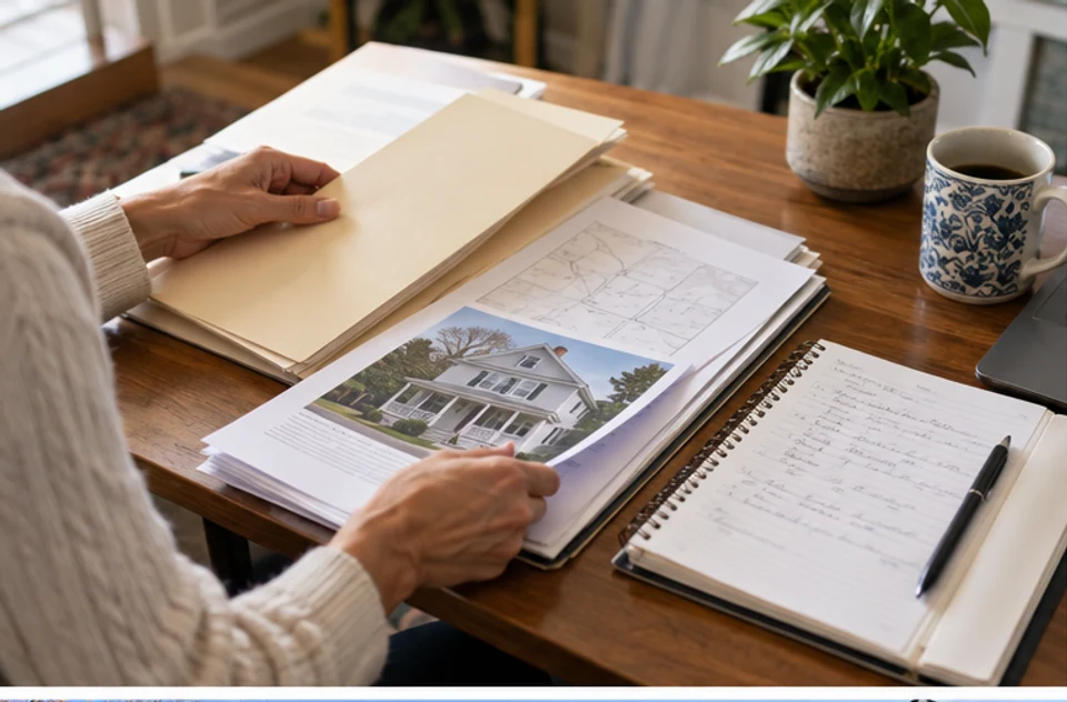 A buyer organizing lease documents, a property plan, and unit notes in a folder for professional review.