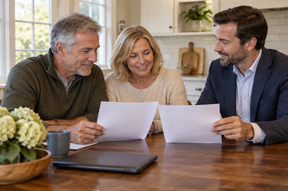 A Massachusetts homeowner comparing written service plans with a real-estate professional.