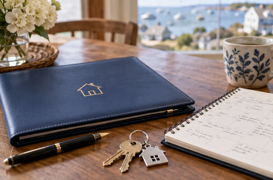 Home keys and a calendar beside an organized folder after a home sale offer is accepted.