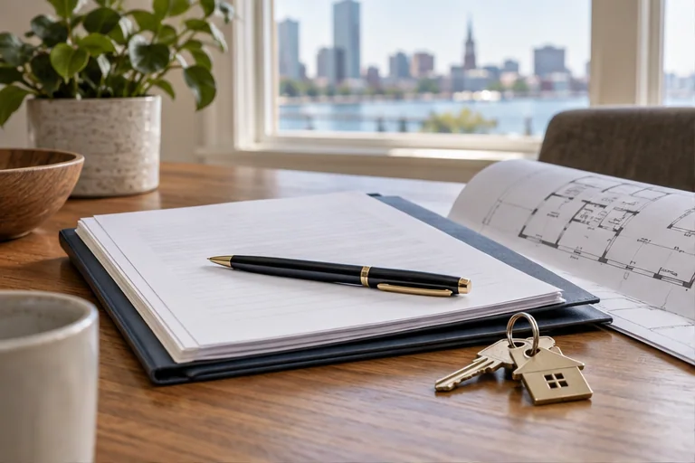 A blank purchase packet, pen, and house keys on a table before a homebuyer conversation.