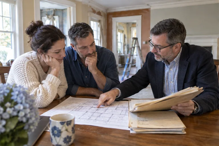 A Massachusetts homebuyer and professional reviewing renovation plans and a permit folder at a table.