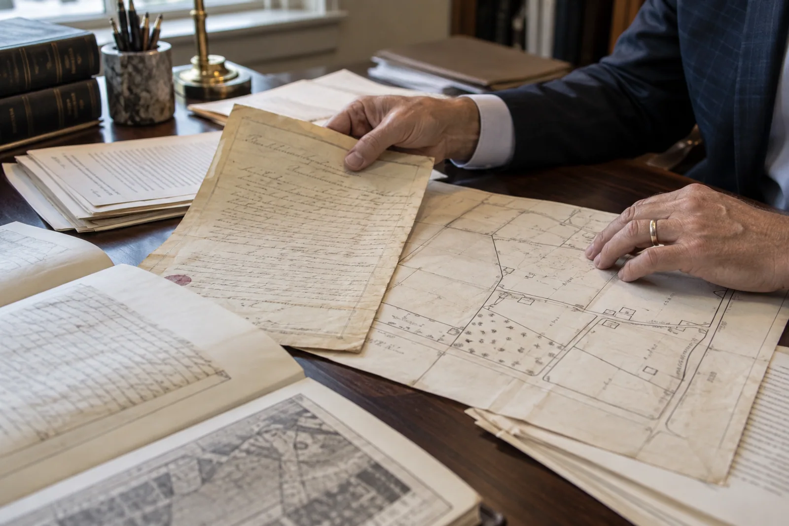 A property sketch and older records being reviewed at a table.