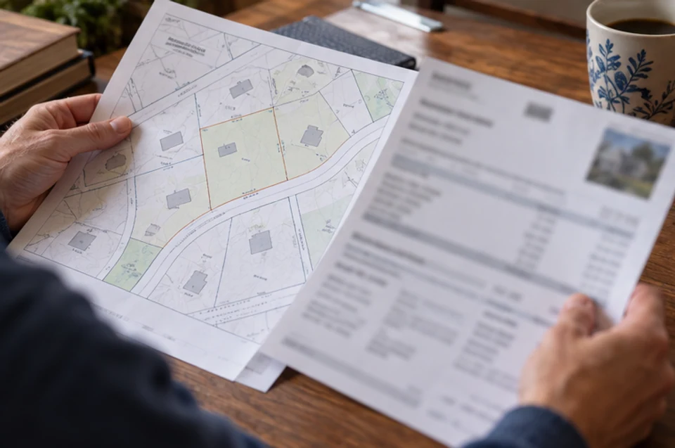A buyer comparing a Massachusetts parcel map and property tax paperwork with all private details obscured.