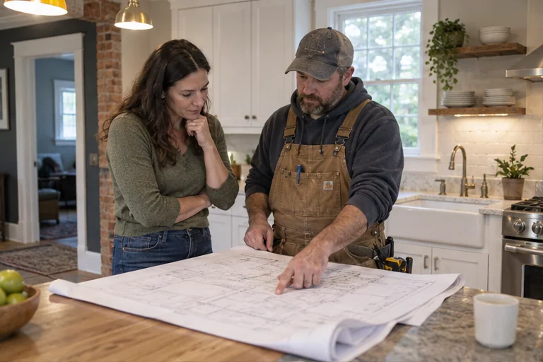 A contractor and buyer comparing a home renovation plan with a completed kitchen area.