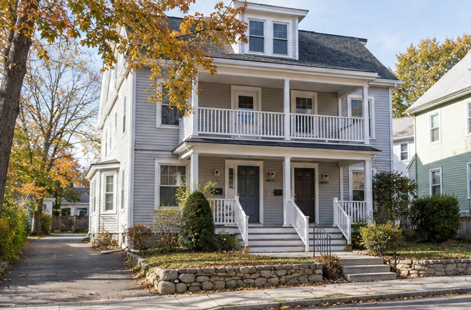 A modest two-family New England property with separate entries on a quiet MetroWest street.