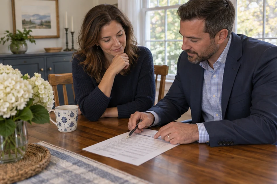 A seller reviewing a closing preparation checklist with a real estate professional at a table.