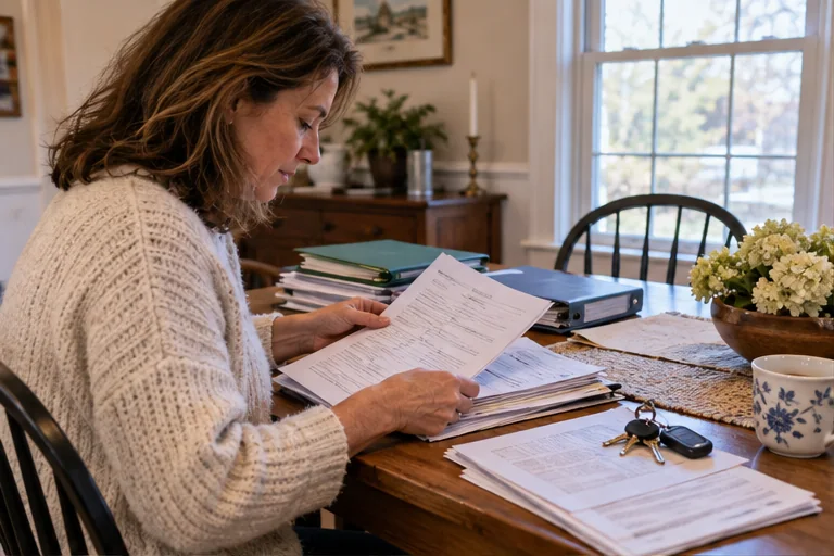 A Massachusetts homeowner organizing home records, invoices, and keys at a dining table.