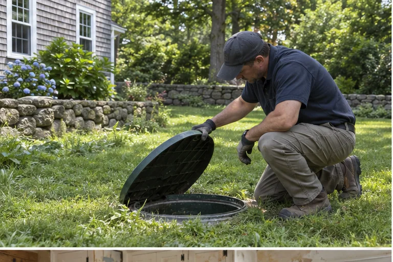A septic professional inspecting an access point in a Massachusetts home's landscaped yard.