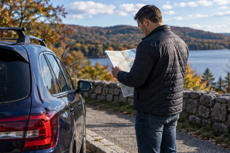 A traveler reviewing a paper route map beside a safely parked car before testing a MetroWest commute.