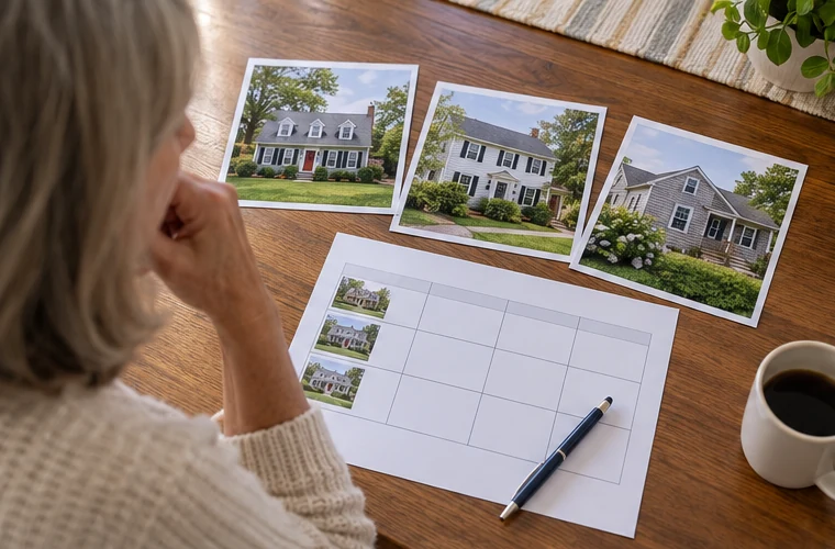 A seller reviewing separate property photographs and a blank comparable-sales worksheet.