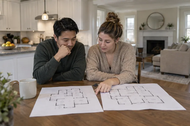 Two buyers comparing separate home layouts on paper at a table before a MetroWest search.
