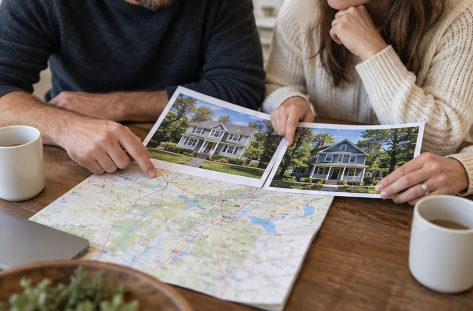 A couple comparing two home photographs and a paper map while planning a move between MetroWest towns.